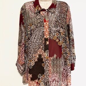 Coldwater Creek Burgundy Multi Paisley Patchwork Button-Down Blouse 2XL